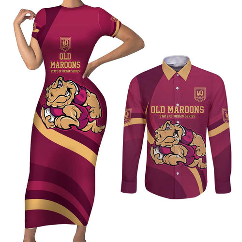 Custom QLD Maroons Cane Toad Couples Matching Short Sleeve Bodycon Dress and Long Sleeve Button Shirt Queensland Origin No2