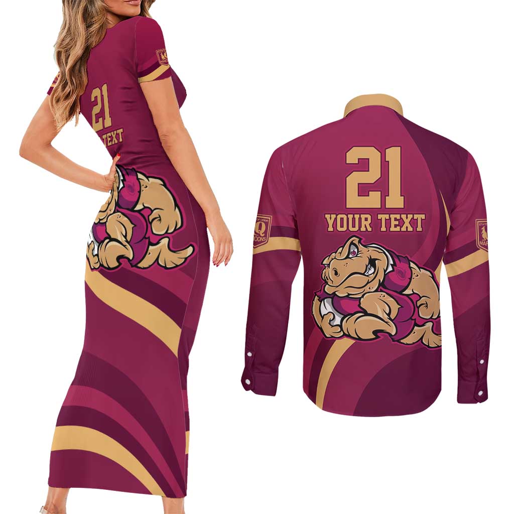 Custom QLD Maroons Cane Toad Couples Matching Short Sleeve Bodycon Dress and Long Sleeve Button Shirt Queensland Origin No2