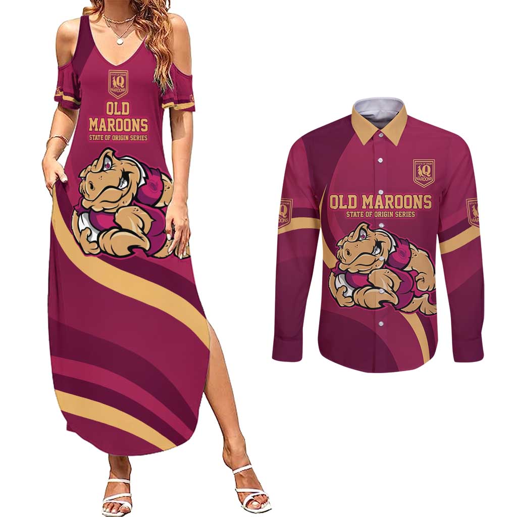 Custom QLD Maroons Cane Toad Couples Matching Summer Maxi Dress and Long Sleeve Button Shirt Queensland Origin No2