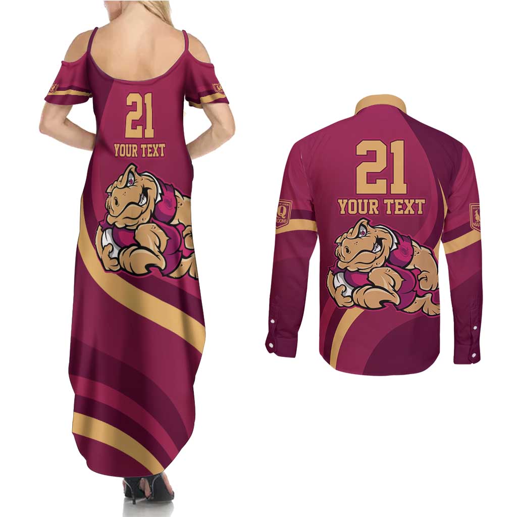 Custom QLD Maroons Cane Toad Couples Matching Summer Maxi Dress and Long Sleeve Button Shirt Queensland Origin No2