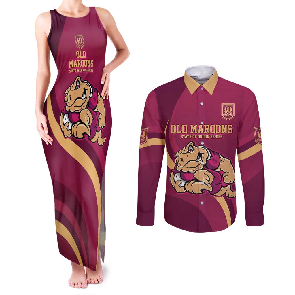 Custom QLD Maroons Cane Toad Couples Matching Tank Maxi Dress and Long Sleeve Button Shirt Queensland Origin No2