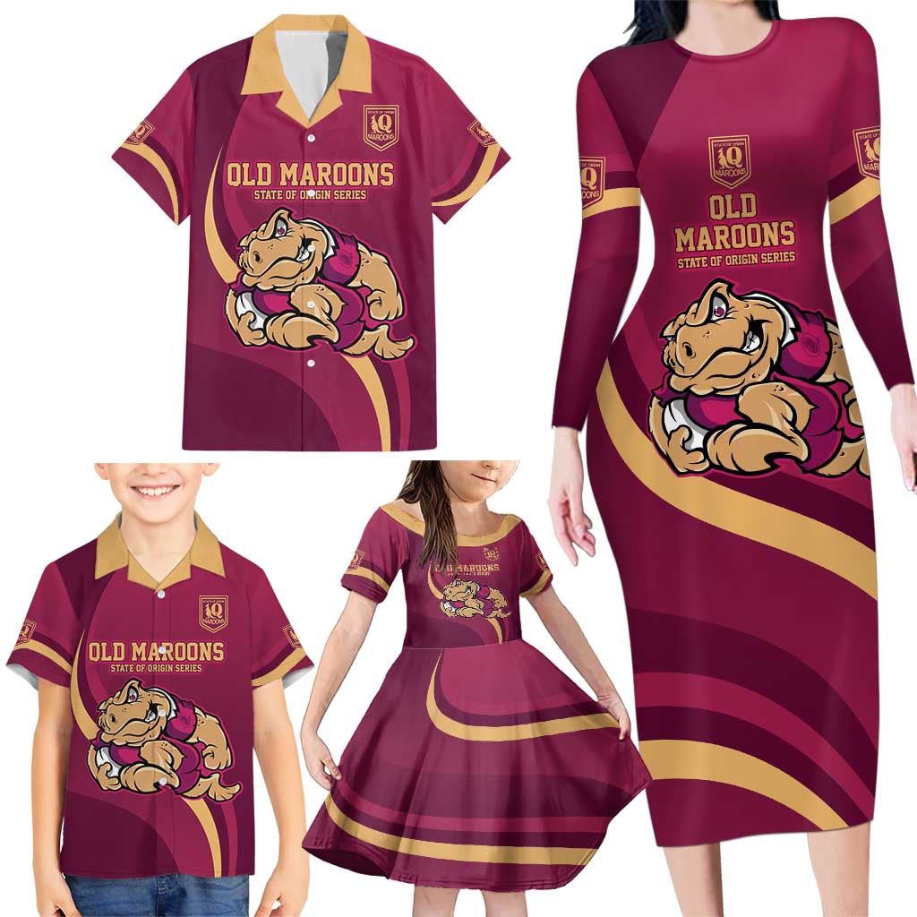 Custom QLD Maroons Cane Toad Family Matching Long Sleeve Bodycon Dress and Hawaiian Shirt Queensland Origin No2