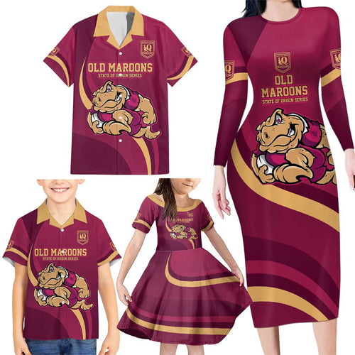 Custom QLD Maroons Cane Toad Family Matching Long Sleeve Bodycon Dress and Hawaiian Shirt Queensland Origin No2