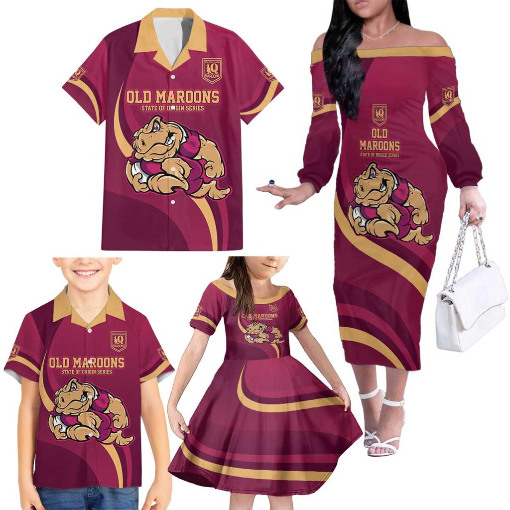 Custom QLD Maroons Cane Toad Family Matching Off The Shoulder Long Sleeve Dress and Hawaiian Shirt Queensland Origin No2