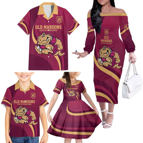 Custom QLD Maroons Cane Toad Family Matching Off The Shoulder Long Sleeve Dress and Hawaiian Shirt Queensland Origin No2