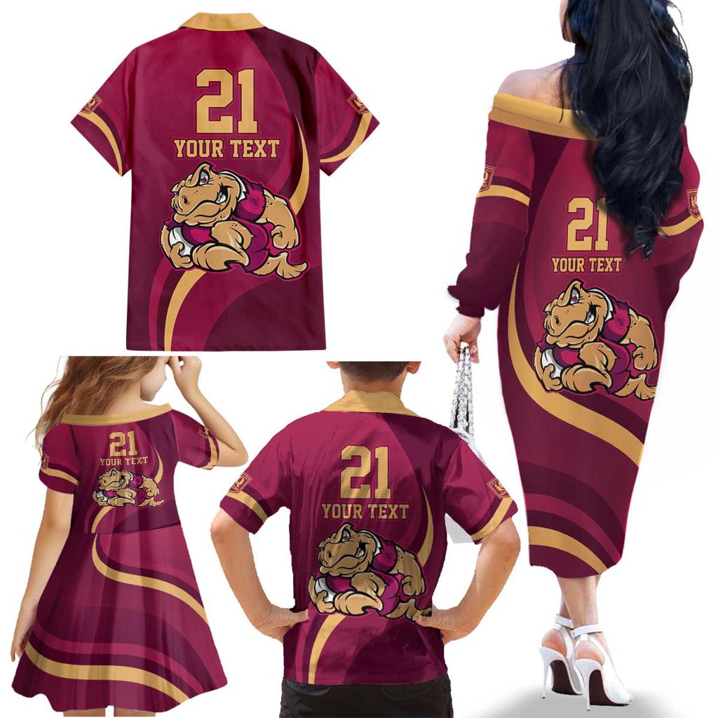 Custom QLD Maroons Cane Toad Family Matching Off The Shoulder Long Sleeve Dress and Hawaiian Shirt Queensland Origin No2