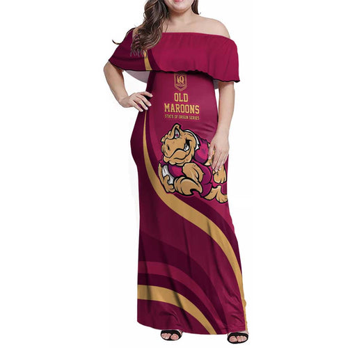 Custom QLD Maroons Cane Toad Family Matching Off Shoulder Maxi Dress and Hawaiian Shirt Queensland Origin No2