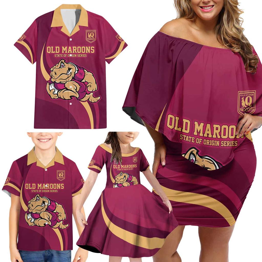 Custom QLD Maroons Cane Toad Family Matching Off Shoulder Short Dress and Hawaiian Shirt Queensland Origin No2