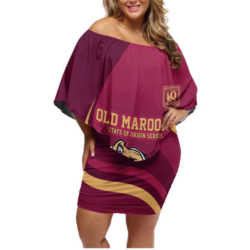 Custom QLD Maroons Cane Toad Family Matching Off Shoulder Short Dress and Hawaiian Shirt Queensland Origin No2