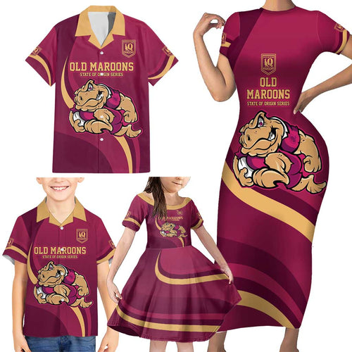 Custom QLD Maroons Cane Toad Family Matching Short Sleeve Bodycon Dress and Hawaiian Shirt Queensland Origin No2