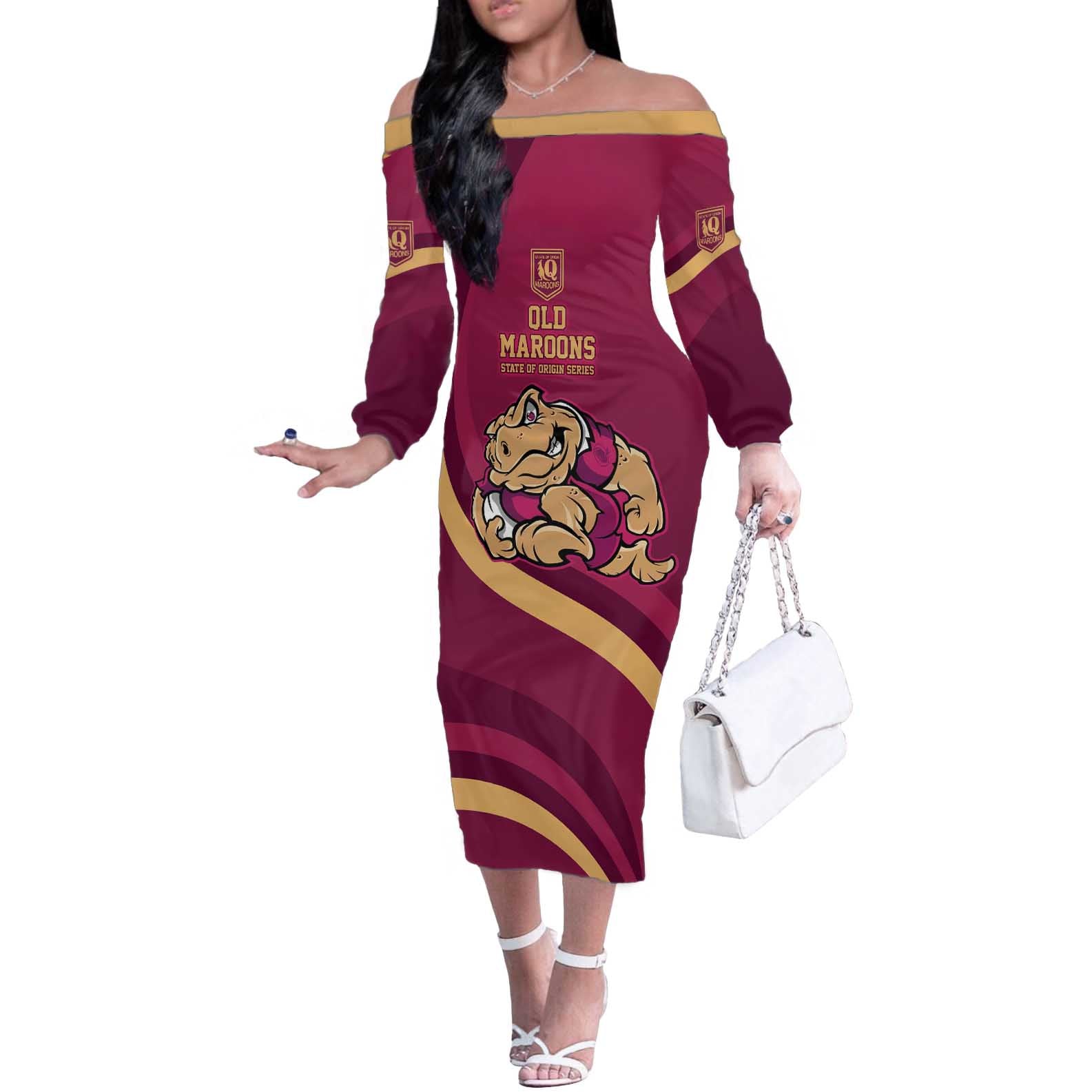 Custom QLD Maroons Cane Toad Off The Shoulder Long Sleeve Dress Queensland Origin No2