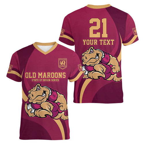 Custom QLD Maroons Cane Toad Women V-Neck T-Shirt Queensland Origin No2