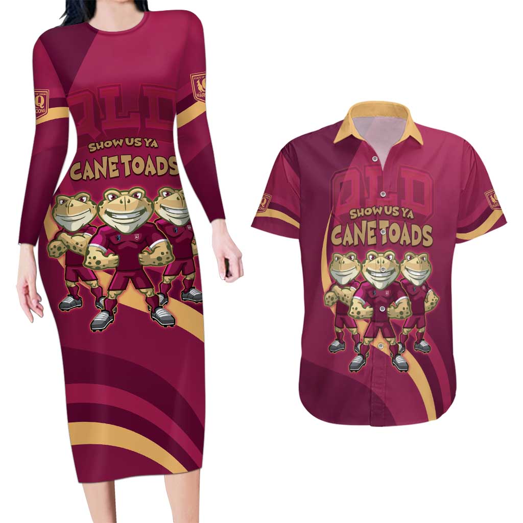 Custom QLD Maroons Cane Toad Couples Matching Long Sleeve Bodycon Dress and Hawaiian Shirt Queensland Origin No3