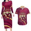 Custom QLD Maroons Cane Toad Couples Matching Long Sleeve Bodycon Dress and Hawaiian Shirt Queensland Origin No3