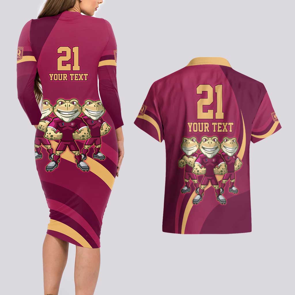 Custom QLD Maroons Cane Toad Couples Matching Long Sleeve Bodycon Dress and Hawaiian Shirt Queensland Origin No3