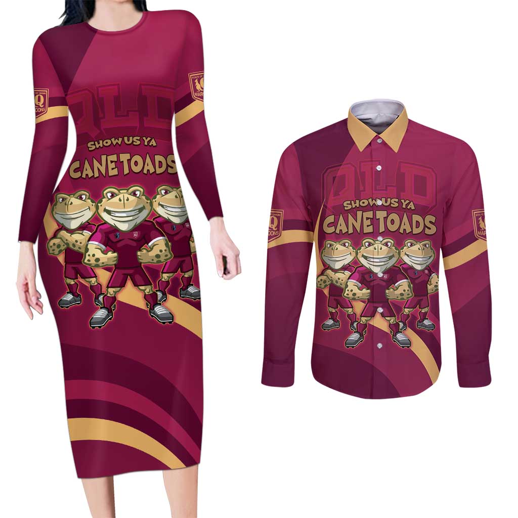 Custom QLD Maroons Cane Toad Couples Matching Long Sleeve Bodycon Dress and Long Sleeve Button Shirt Queensland Origin No3