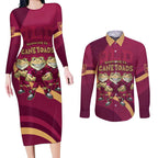 Custom QLD Maroons Cane Toad Couples Matching Long Sleeve Bodycon Dress and Long Sleeve Button Shirt Queensland Origin No3