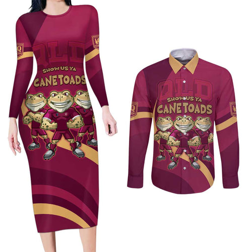Custom QLD Maroons Cane Toad Couples Matching Long Sleeve Bodycon Dress and Long Sleeve Button Shirt Queensland Origin No3