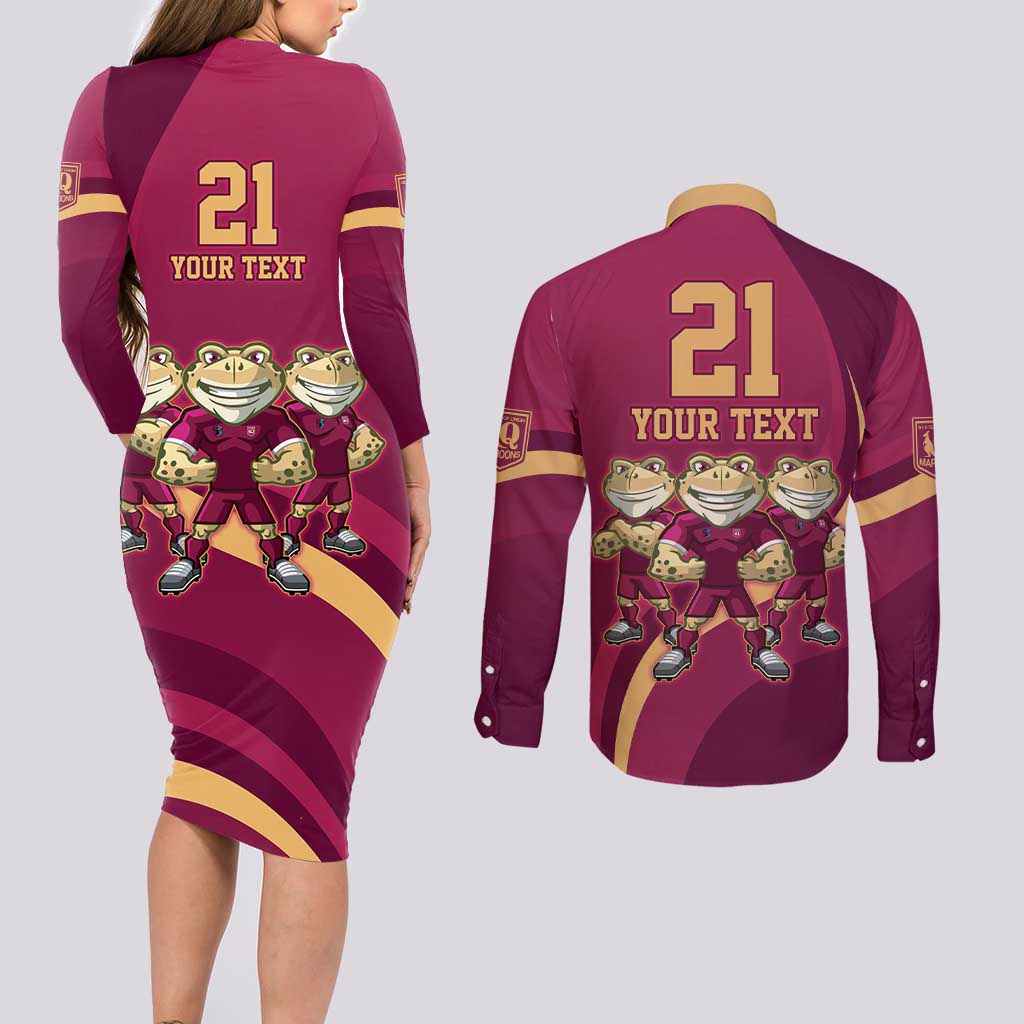 Custom QLD Maroons Cane Toad Couples Matching Long Sleeve Bodycon Dress and Long Sleeve Button Shirt Queensland Origin No3