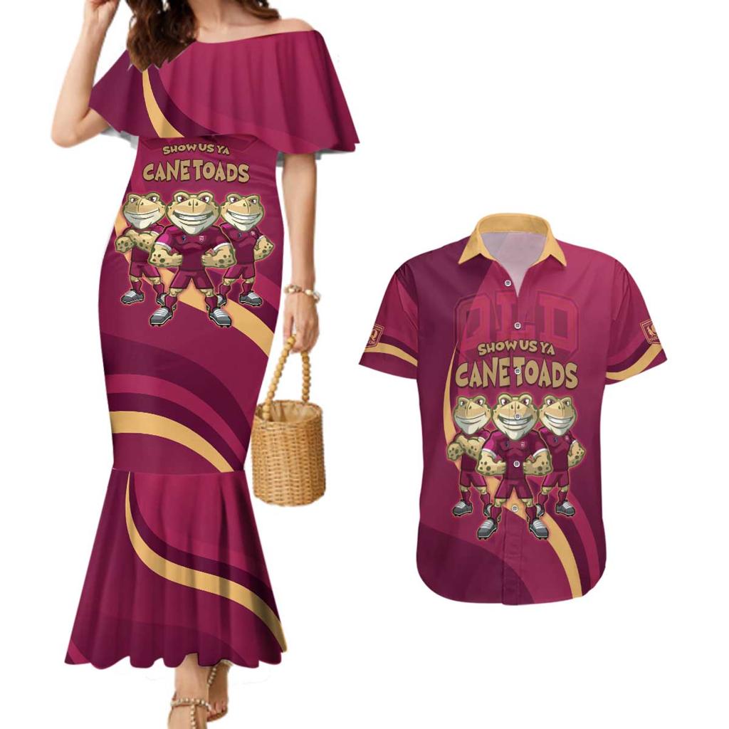 Custom QLD Maroons Cane Toad Couples Matching Mermaid Dress and Hawaiian Shirt Queensland Origin No3