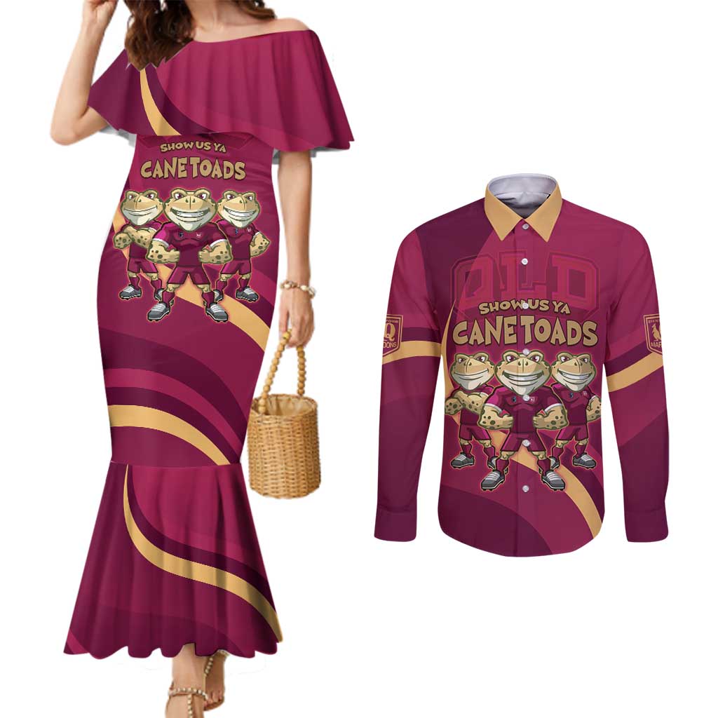 Custom QLD Maroons Cane Toad Couples Matching Mermaid Dress and Long Sleeve Button Shirt Queensland Origin No3