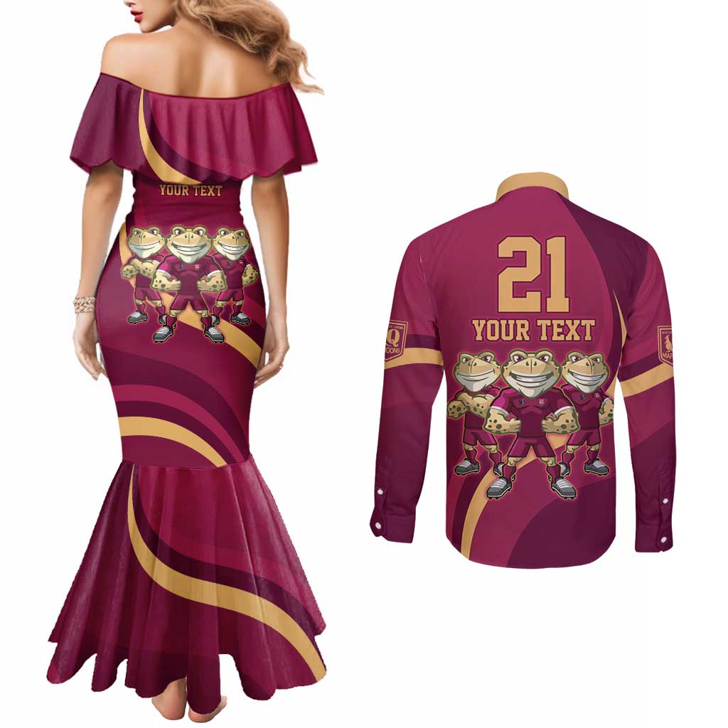 Custom QLD Maroons Cane Toad Couples Matching Mermaid Dress and Long Sleeve Button Shirt Queensland Origin No3