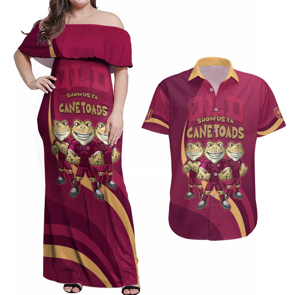 Custom QLD Maroons Cane Toad Couples Matching Off Shoulder Maxi Dress and Hawaiian Shirt Queensland Origin No3