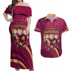 Custom QLD Maroons Cane Toad Couples Matching Off Shoulder Maxi Dress and Hawaiian Shirt Queensland Origin No3