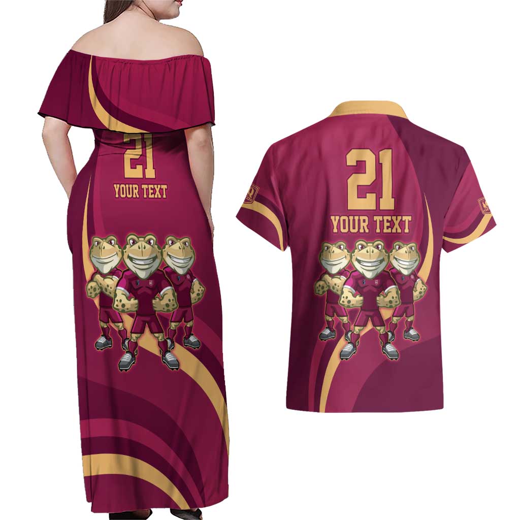 Custom QLD Maroons Cane Toad Couples Matching Off Shoulder Maxi Dress and Hawaiian Shirt Queensland Origin No3
