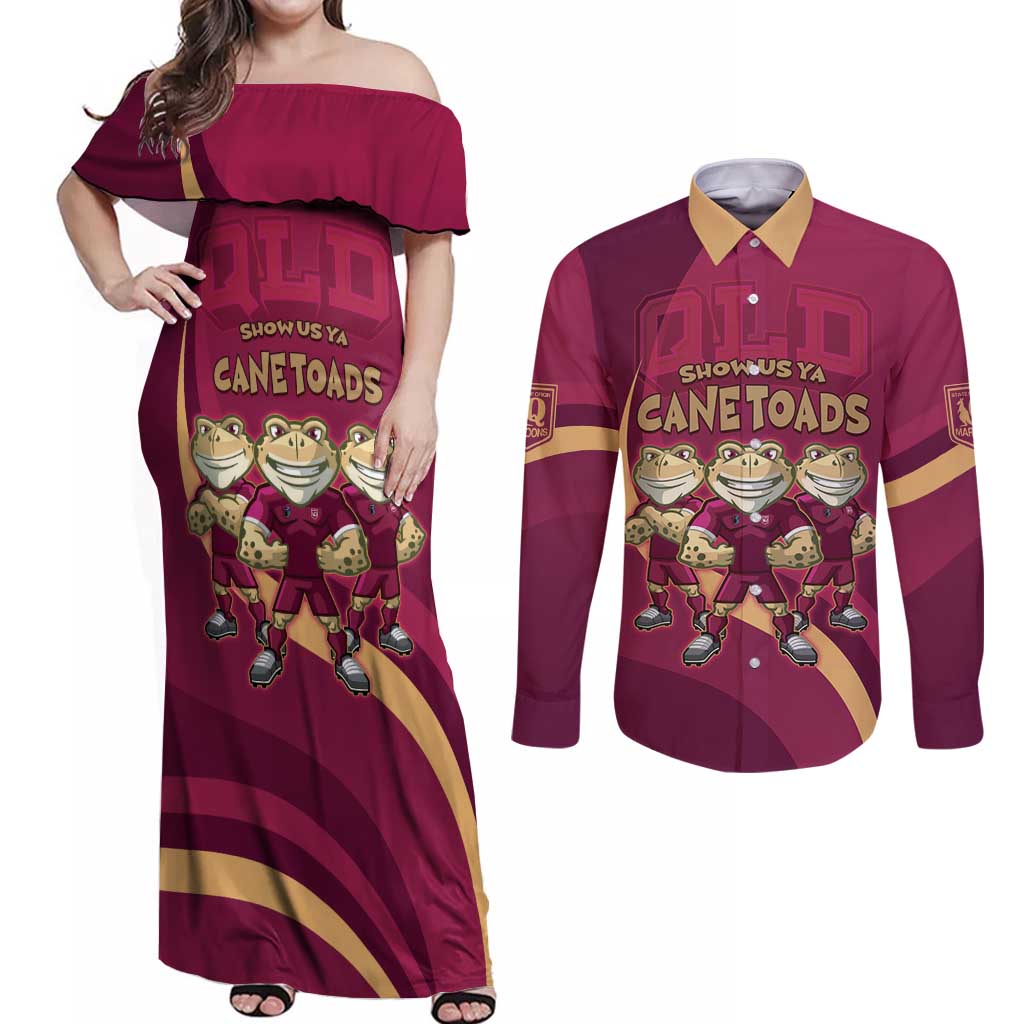 Custom QLD Maroons Cane Toad Couples Matching Off Shoulder Maxi Dress and Long Sleeve Button Shirt Queensland Origin No3