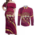 Custom QLD Maroons Cane Toad Couples Matching Off Shoulder Maxi Dress and Long Sleeve Button Shirt Queensland Origin No3