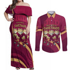 Custom QLD Maroons Cane Toad Couples Matching Off Shoulder Maxi Dress and Long Sleeve Button Shirt Queensland Origin No3