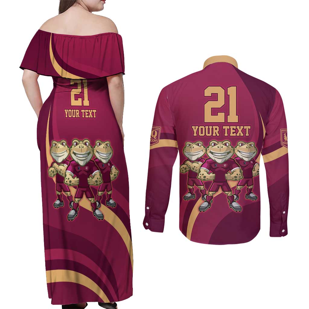 Custom QLD Maroons Cane Toad Couples Matching Off Shoulder Maxi Dress and Long Sleeve Button Shirt Queensland Origin No3