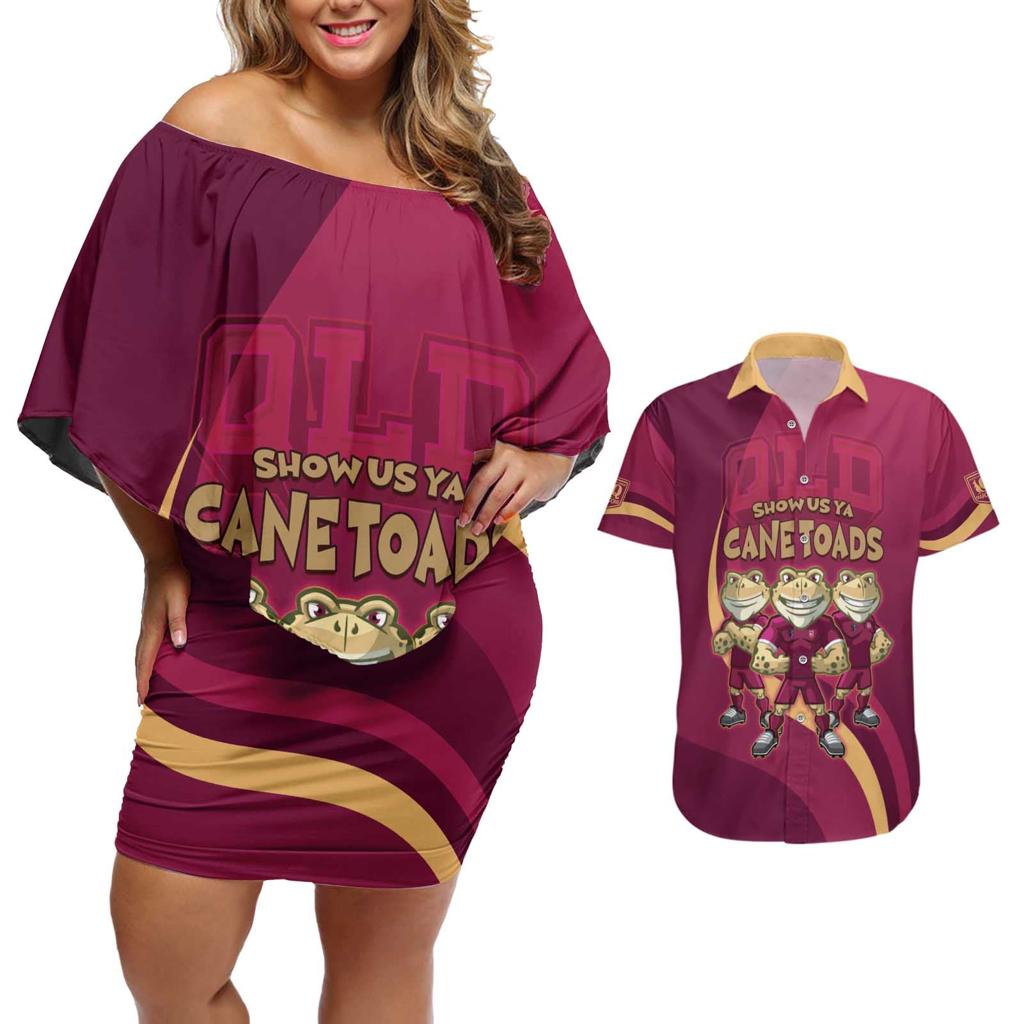 Custom QLD Maroons Cane Toad Couples Matching Off Shoulder Short Dress and Hawaiian Shirt Queensland Origin No3
