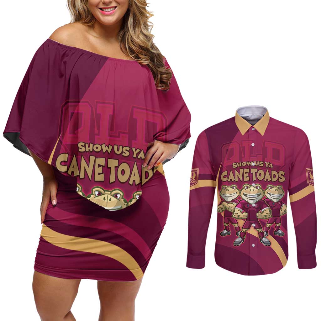 Custom QLD Maroons Cane Toad Couples Matching Off Shoulder Short Dress and Long Sleeve Button Shirt Queensland Origin No3