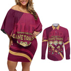 Custom QLD Maroons Cane Toad Couples Matching Off Shoulder Short Dress and Long Sleeve Button Shirt Queensland Origin No3