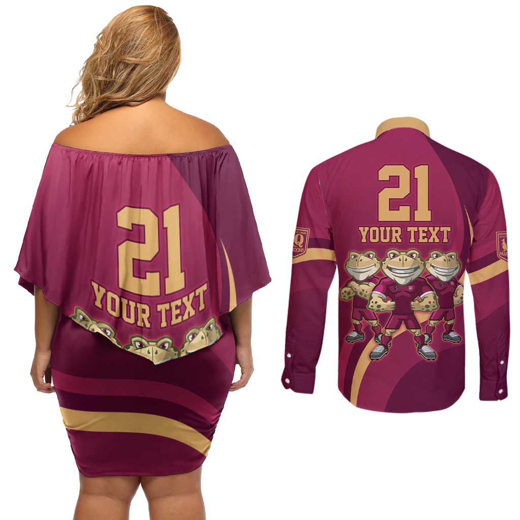 Custom QLD Maroons Cane Toad Couples Matching Off Shoulder Short Dress and Long Sleeve Button Shirt Queensland Origin No3