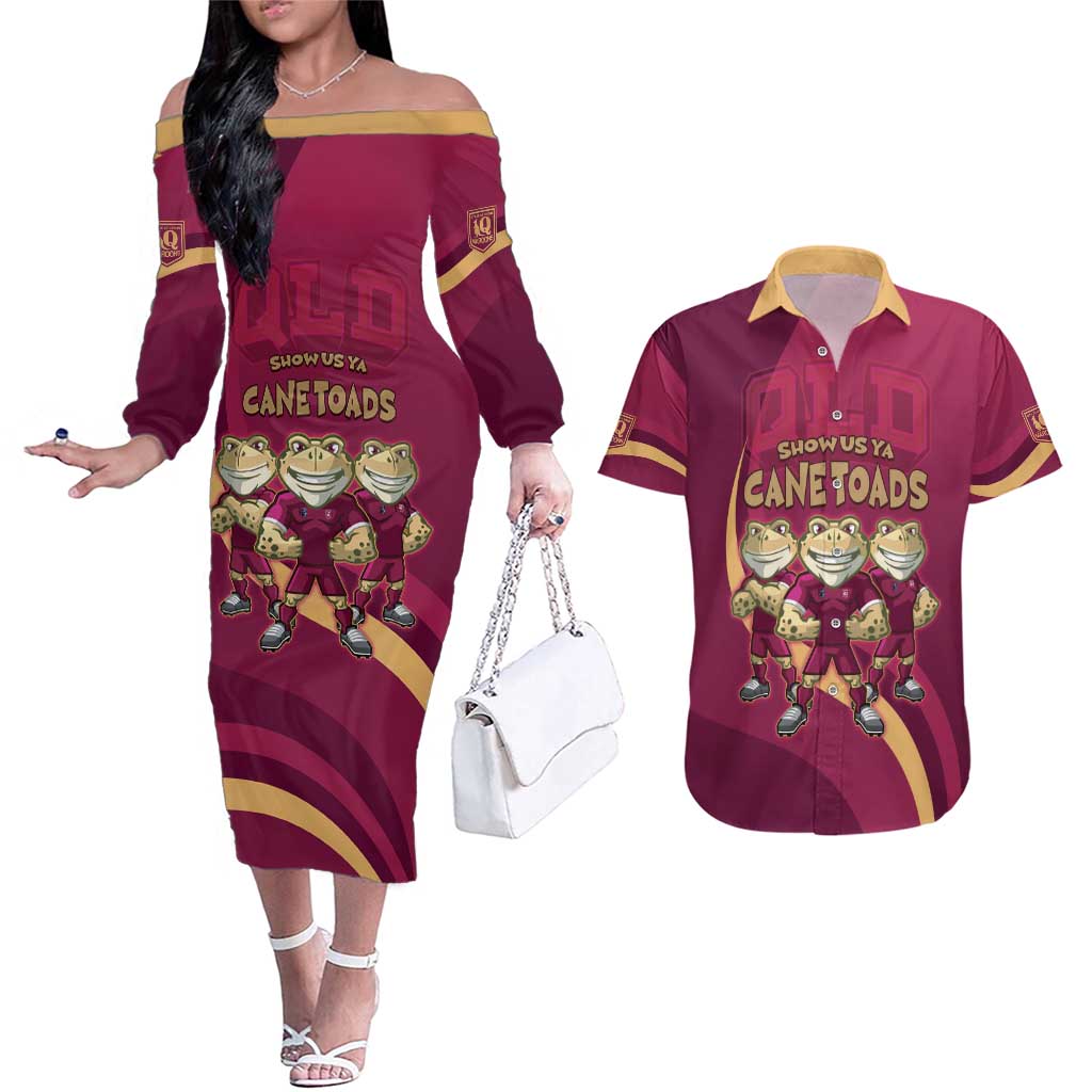 Custom QLD Maroons Cane Toad Couples Matching Off The Shoulder Long Sleeve Dress and Hawaiian Shirt Queensland Origin No3