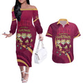 Custom QLD Maroons Cane Toad Couples Matching Off The Shoulder Long Sleeve Dress and Hawaiian Shirt Queensland Origin No3