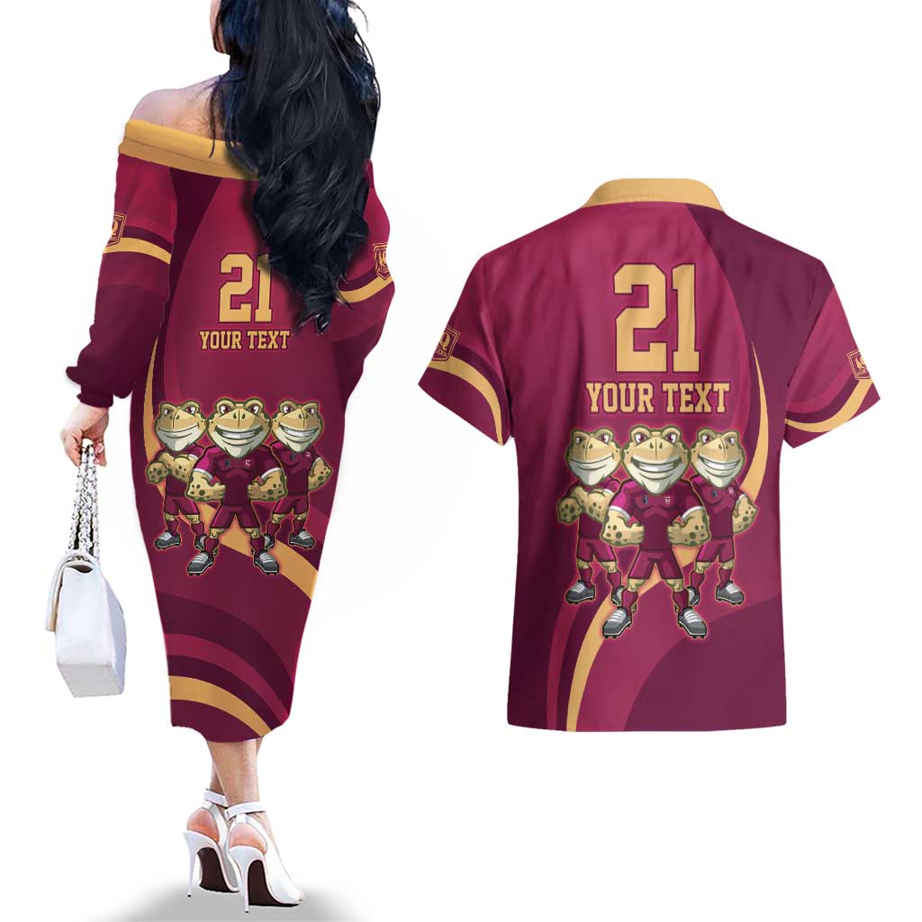 Custom QLD Maroons Cane Toad Couples Matching Off The Shoulder Long Sleeve Dress and Hawaiian Shirt Queensland Origin No3