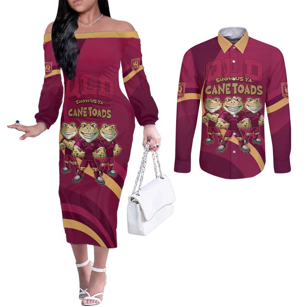 Custom QLD Maroons Cane Toad Couples Matching Off The Shoulder Long Sleeve Dress and Long Sleeve Button Shirt Queensland Origin No3