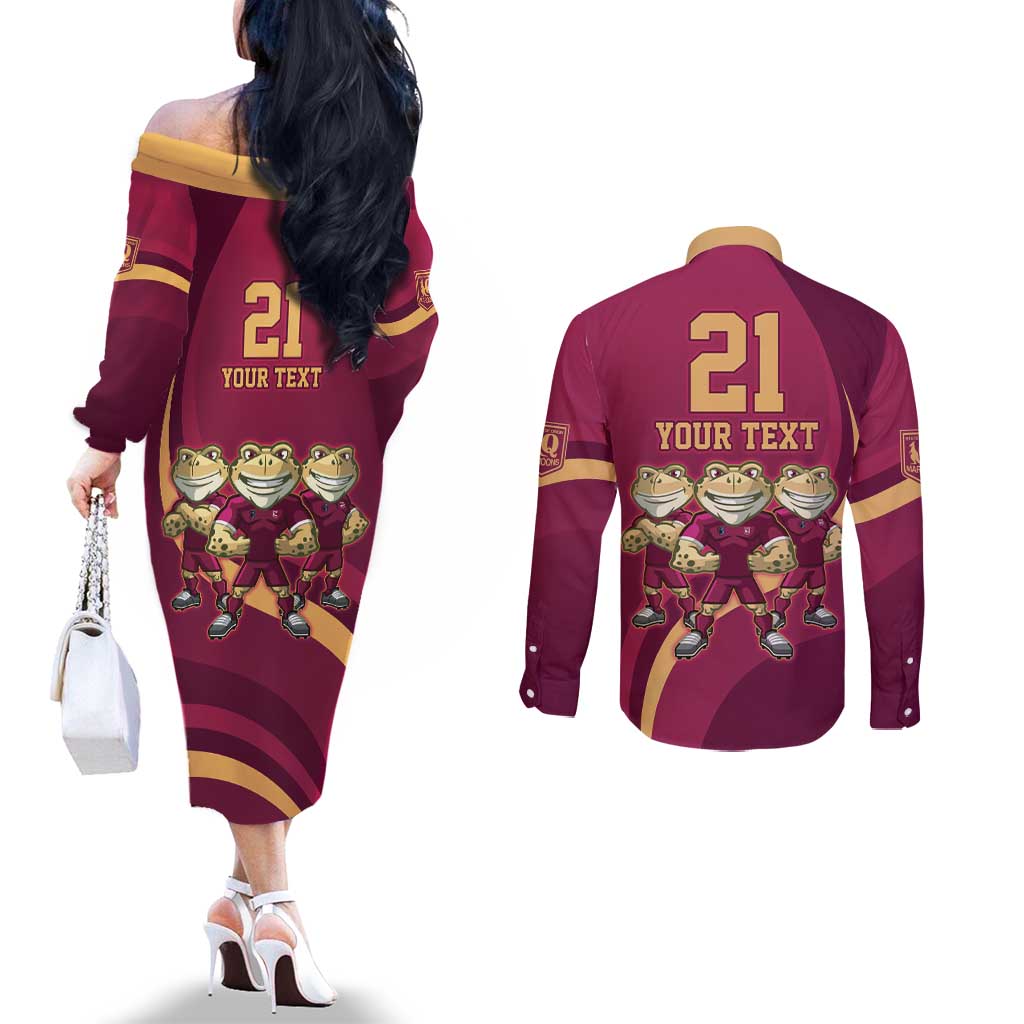 Custom QLD Maroons Cane Toad Couples Matching Off The Shoulder Long Sleeve Dress and Long Sleeve Button Shirt Queensland Origin No3