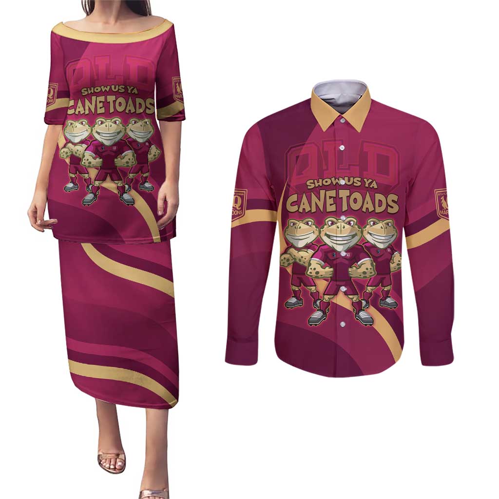 Custom QLD Maroons Cane Toad Couples Matching Puletasi and Long Sleeve Button Shirt Queensland Origin No3