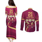 Custom QLD Maroons Cane Toad Couples Matching Puletasi and Long Sleeve Button Shirt Queensland Origin No3