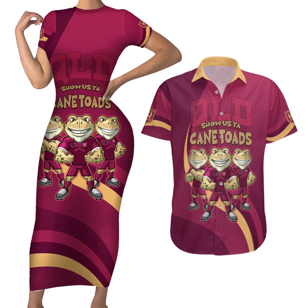 Custom QLD Maroons Cane Toad Couples Matching Short Sleeve Bodycon Dress and Hawaiian Shirt Queensland Origin No3