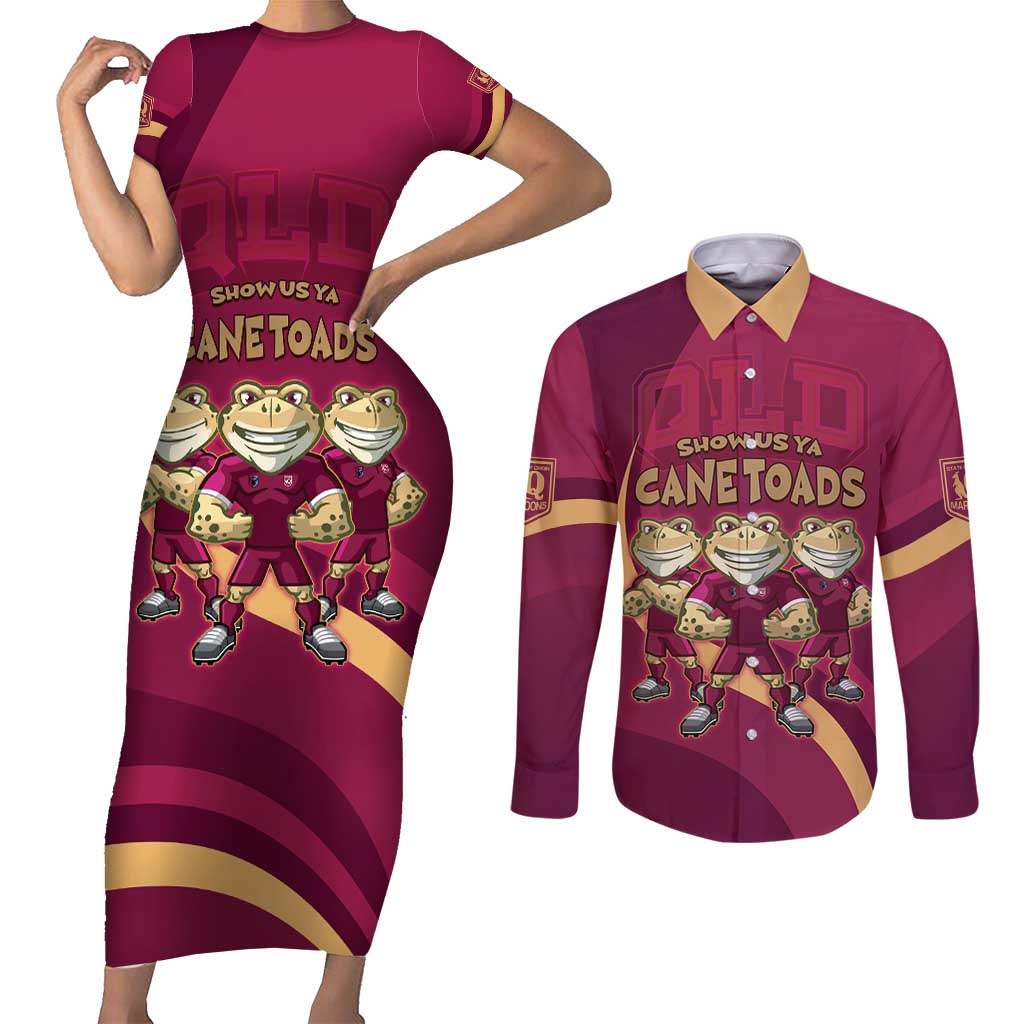 Custom QLD Maroons Cane Toad Couples Matching Short Sleeve Bodycon Dress and Long Sleeve Button Shirt Queensland Origin No3