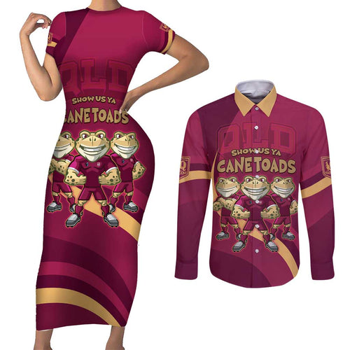 Custom QLD Maroons Cane Toad Couples Matching Short Sleeve Bodycon Dress and Long Sleeve Button Shirt Queensland Origin No3