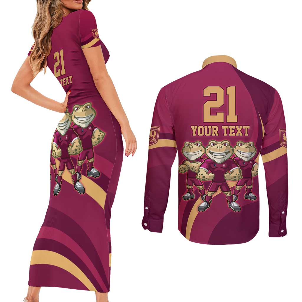 Custom QLD Maroons Cane Toad Couples Matching Short Sleeve Bodycon Dress and Long Sleeve Button Shirt Queensland Origin No3