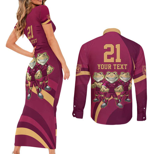 Custom QLD Maroons Cane Toad Couples Matching Short Sleeve Bodycon Dress and Long Sleeve Button Shirt Queensland Origin No3