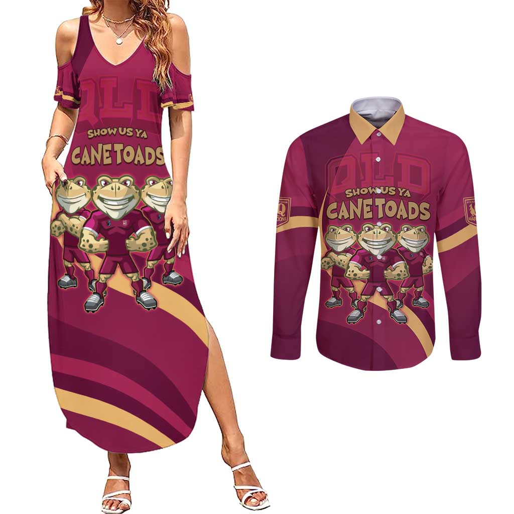 Custom QLD Maroons Cane Toad Couples Matching Summer Maxi Dress and Long Sleeve Button Shirt Queensland Origin No3